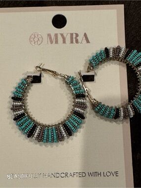 Myra Bag Turquoise and Black Beaded Hoop Earrings